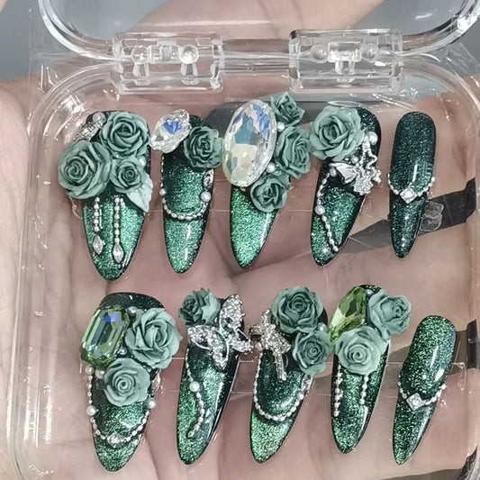 10Pcs Press On Nails Dark Style Charm Gradient Art Nail Full Diamond Long Almond Rhinestones Detachable Handmade Wear Fake Nails