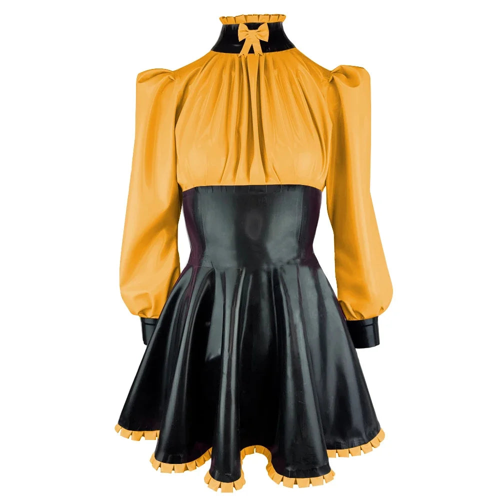 Plus Size High Neck Bow Patchwork Black Faux Latex Mini Dress Women Long Sleeves Slim Fit Ruffled A-line Dress Cocktail Gown