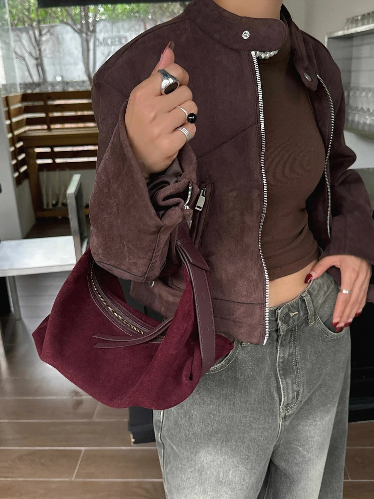 Hot Sale Maillard Coffee Color Triangle Tote Unique Design Thick Suede Cow Leather Women Handbag High Quality Lady Shoulder Bag