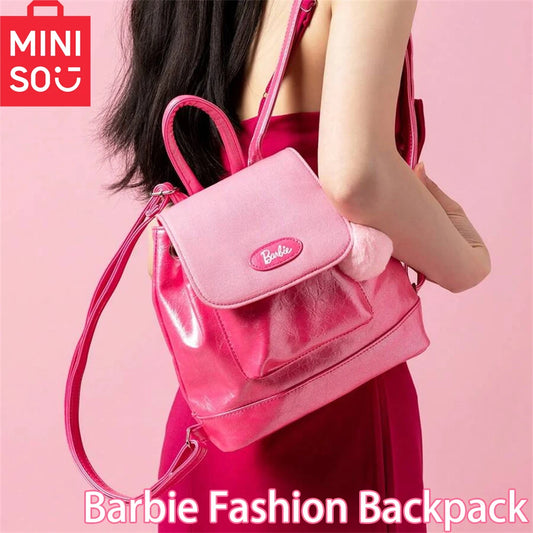 Miniso Barbie Fashion Shoulder Bag PU Leather Backpack Pink Handle Bag Crossbody Bag Multi Pocket Functional Backpack For School