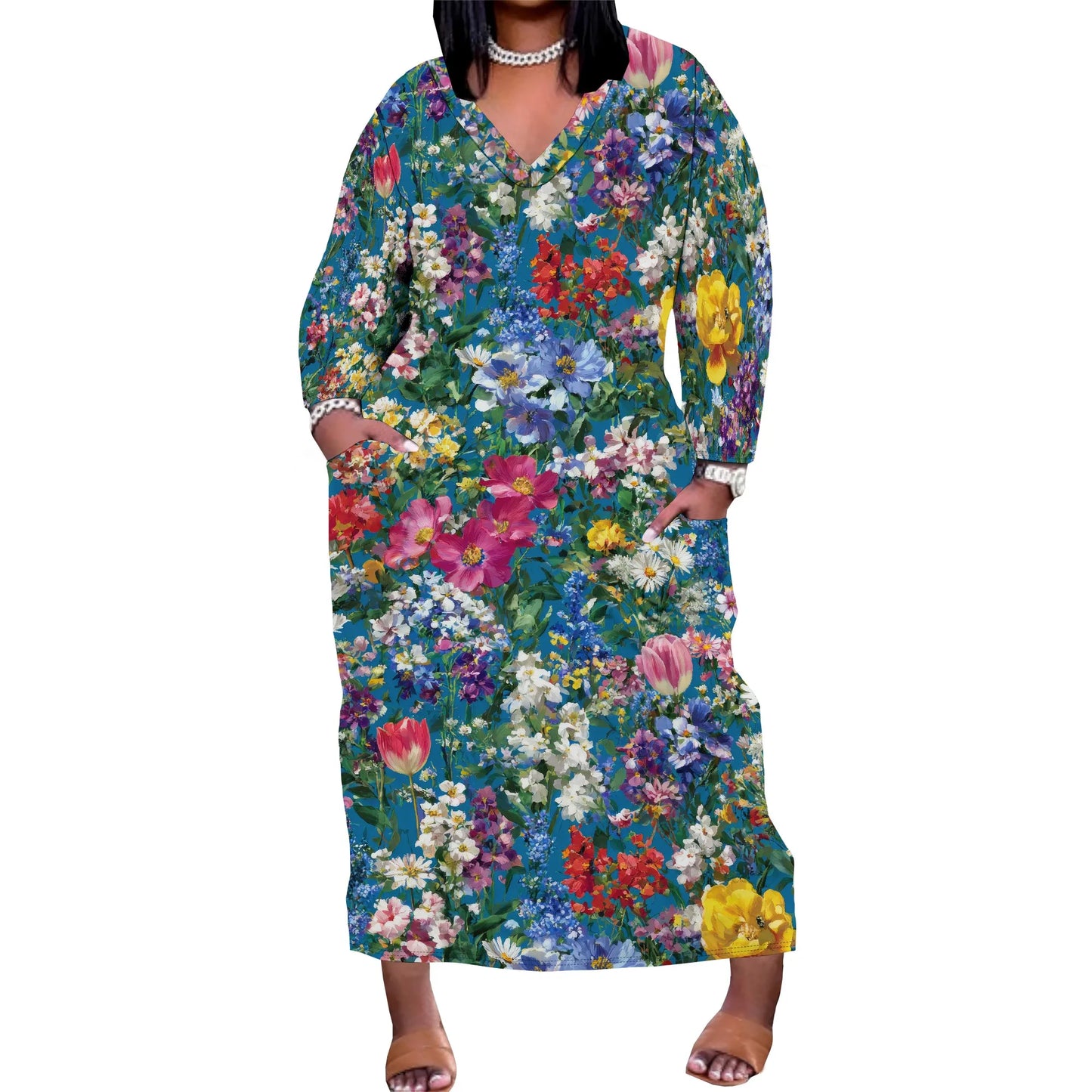 Oversized Baggy Summer Womens Print Dresses Sexy Casual T-Shirt V Neck Long Sleeve Maxi Dress with Pocket