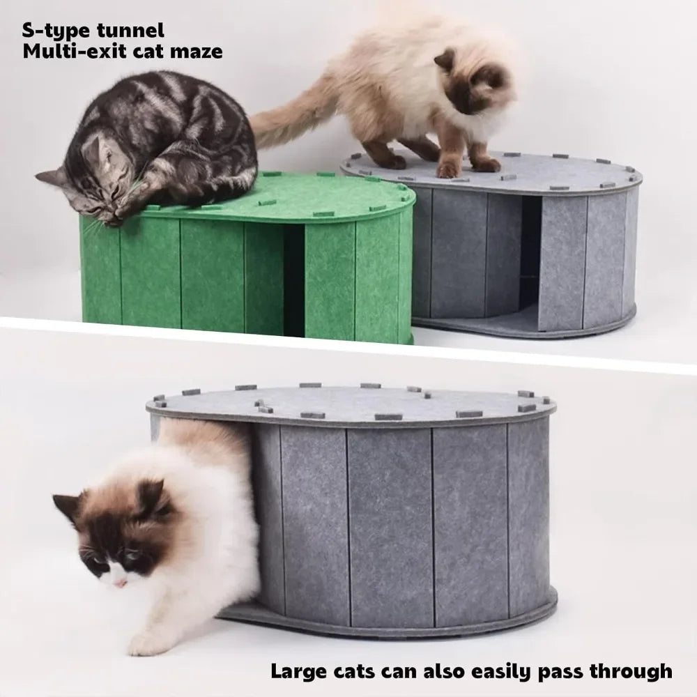 Cat Tunnel Bed for Indoor Cats - Peekaboo Cat Cave with S-Shaped Maze, Multi-Exit Felt Scratching Tunnel & Cozy Hideaway,  cat toy