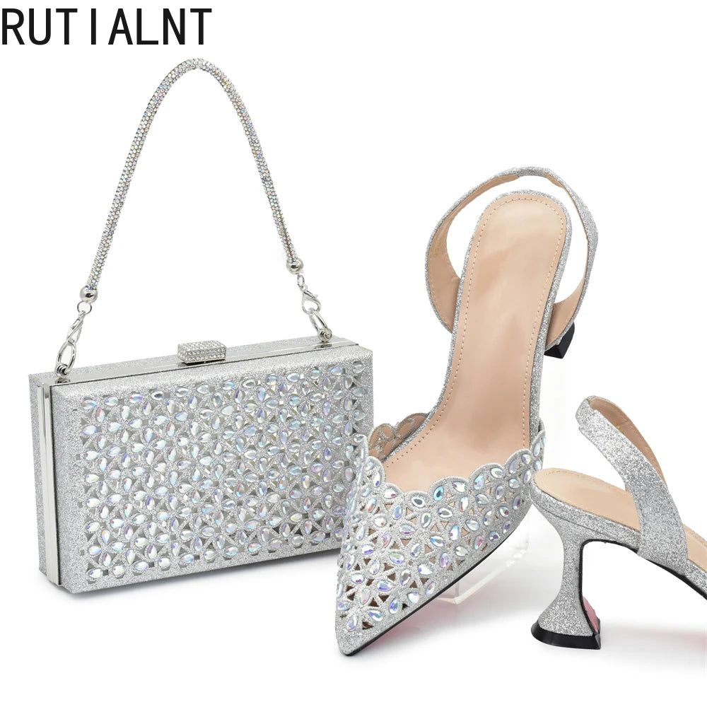 Manufacturer   Silver Color Shoes and Bag for Party Wedding Luxery Women Shoe and Bag Set for Nigeria Party Italy Elegant Woman Heeled Pumps   Pumps