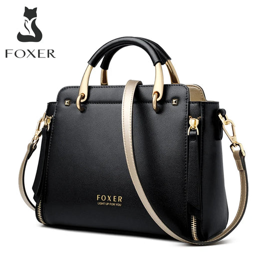 FOXER Elegant Women Top-Handle Bag  Fashion Split Leather Signature Crossbody Bag Female Large Shoulder Tote Bag Purse