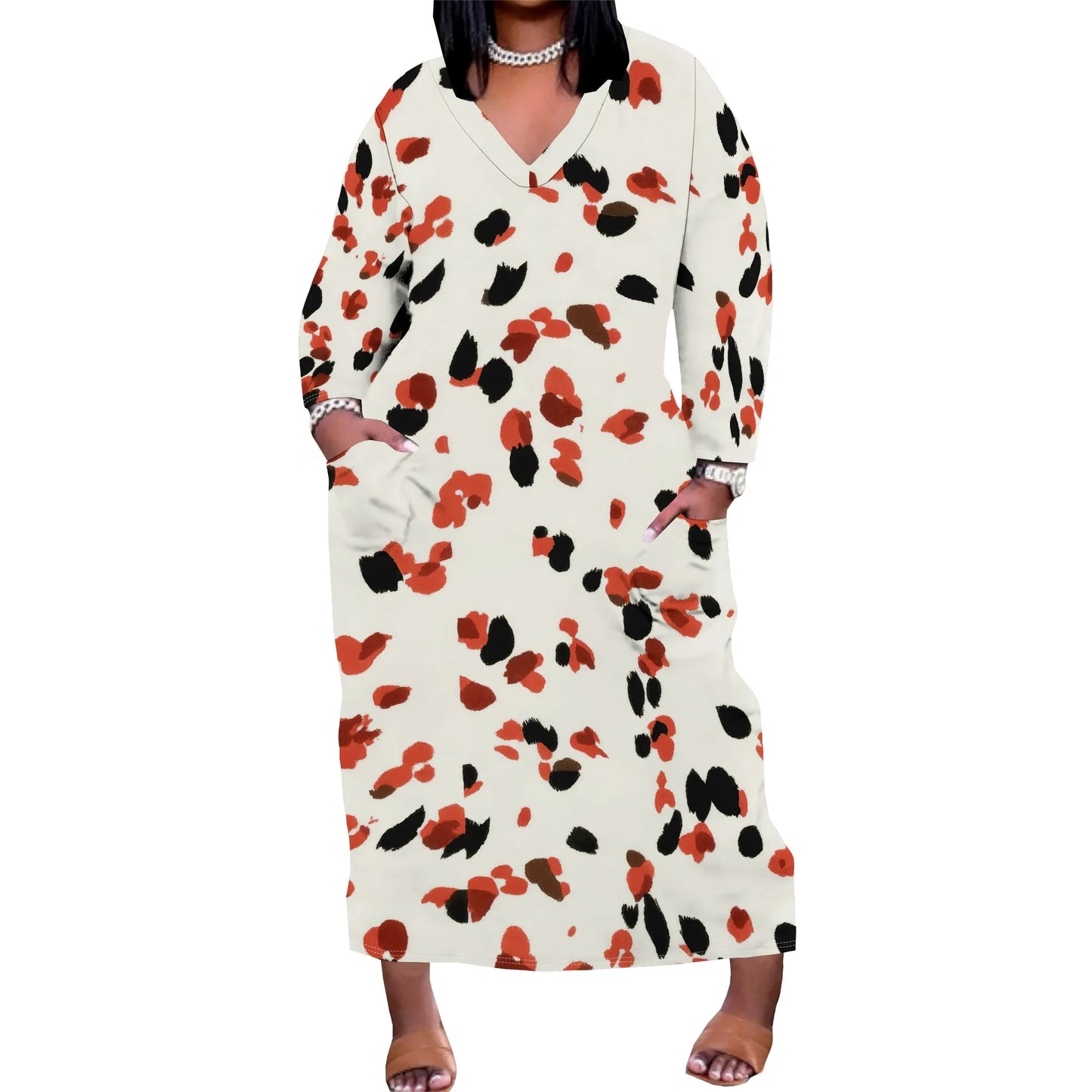 Women's Long Sleeve Plus Size Polka Dot Print Maxi Dress V Neck with Pockets Dress Loose Casual Autumn Outfit