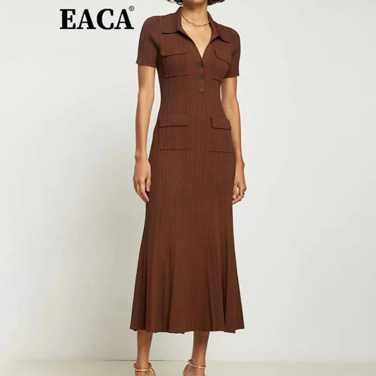 EACA  Autumn/Winter New Style Flip Collar Pit Stripe Elastic Waist Slimming Short Sleeve Long Dress Women's Solid Color