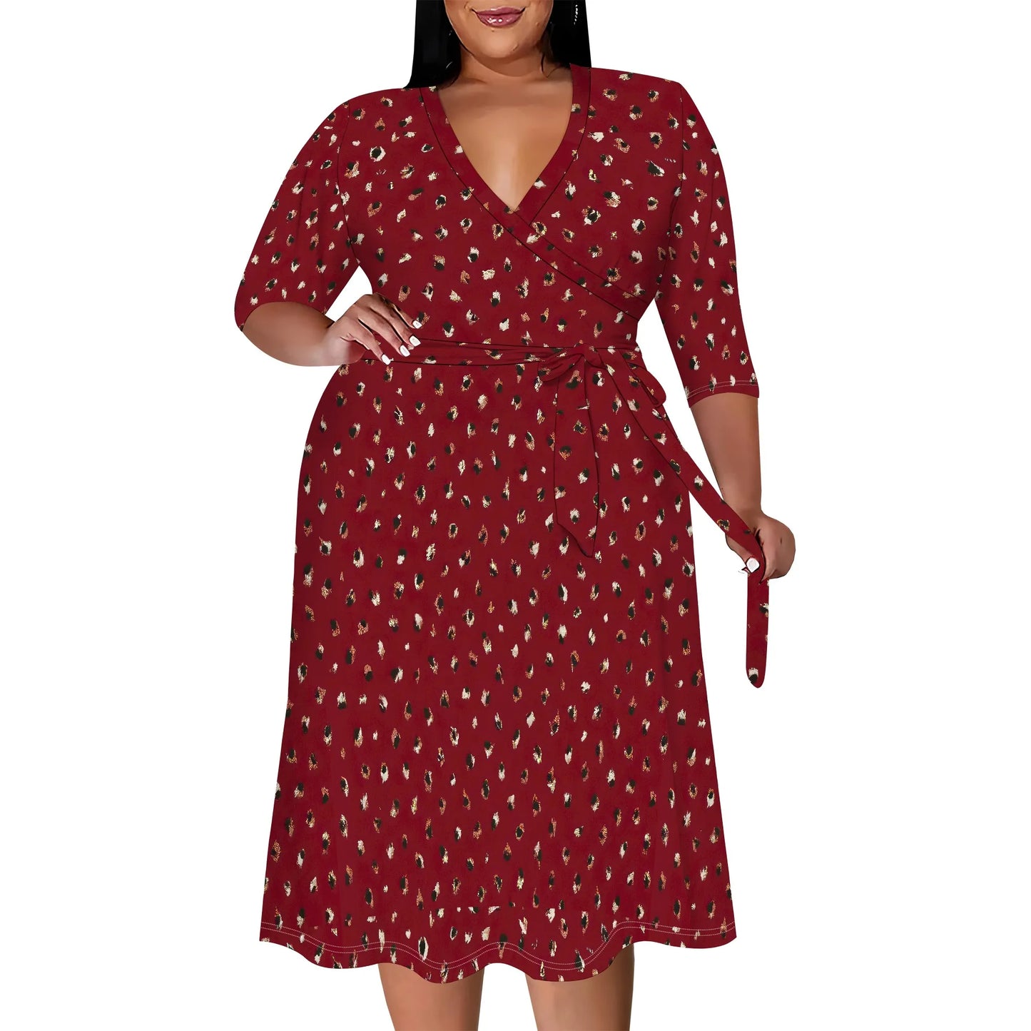 Women's Floral Print Maxi Dresses Summer with Pockets Casual 3/4 Sleeve V-Neck Wrap Tie Waist Long Dress