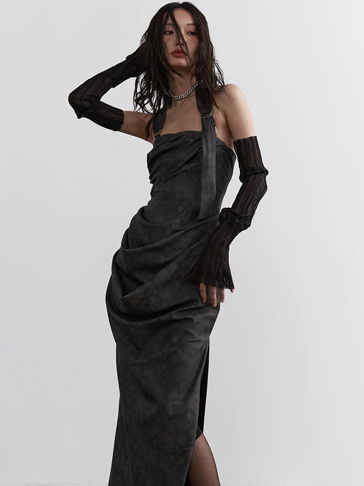 [EAM] Women Gray Shaped Pleated Pu Leather Long Elegant Strapless Dress New Sleeveless Fashion Tide Spring Autumn  1DH4724