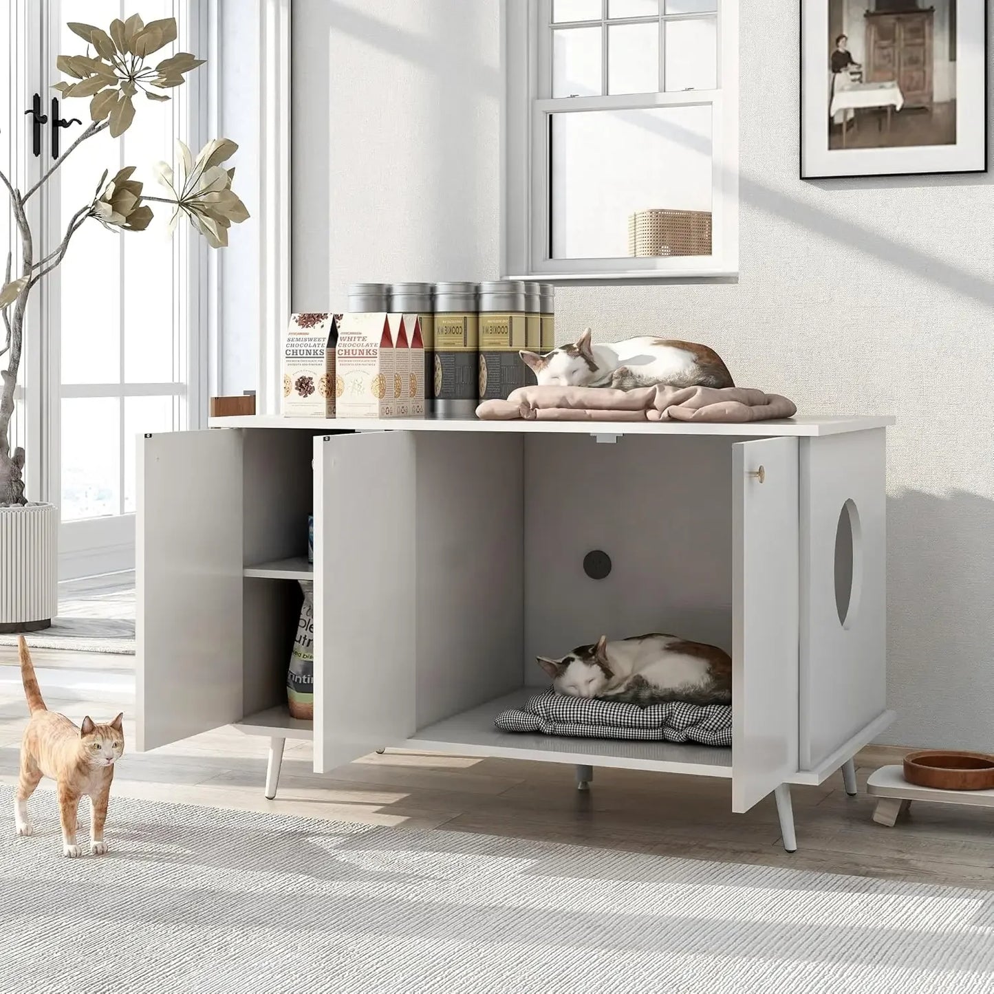 Cat Litter Box Enclosure, Hidden Litter Box Furniture, Cat Toys Cat Food Storage Cabinet, Cats Litter Box with Partitions,