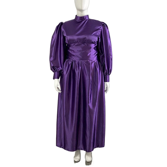 Plus Size Satin Evening Dress Elegant Drape High Neck Long Sleeve Dress Ladies Party Belted Long Gown Women A-Line Prom Dress