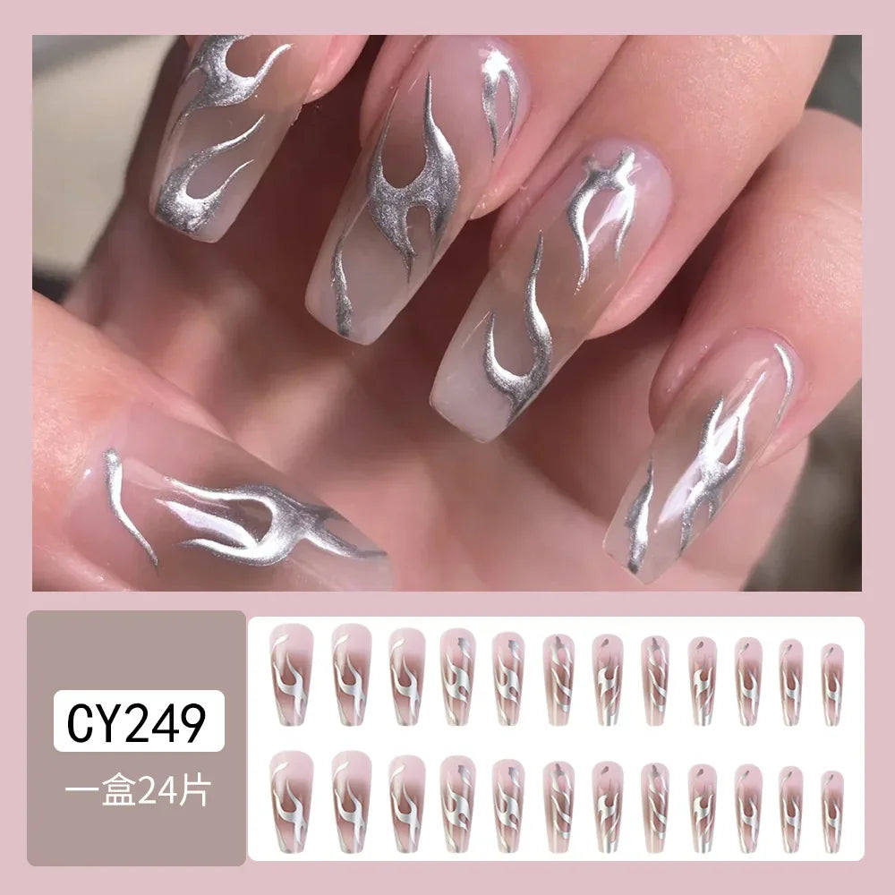 24Pcs Halloween Black Ghost Long Ballet False Nails Wearable French Ballerina Fake Nails Press On Full Cover Manicure Nail Tips