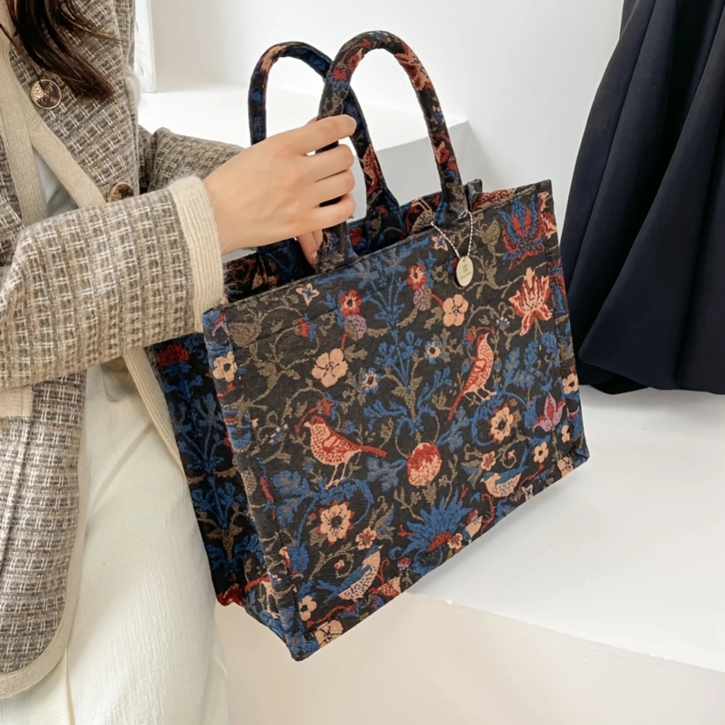 Vintage Tote Bag, All Over Floral Pattern Satchel Abg, Large Capacity Shoulder Bag