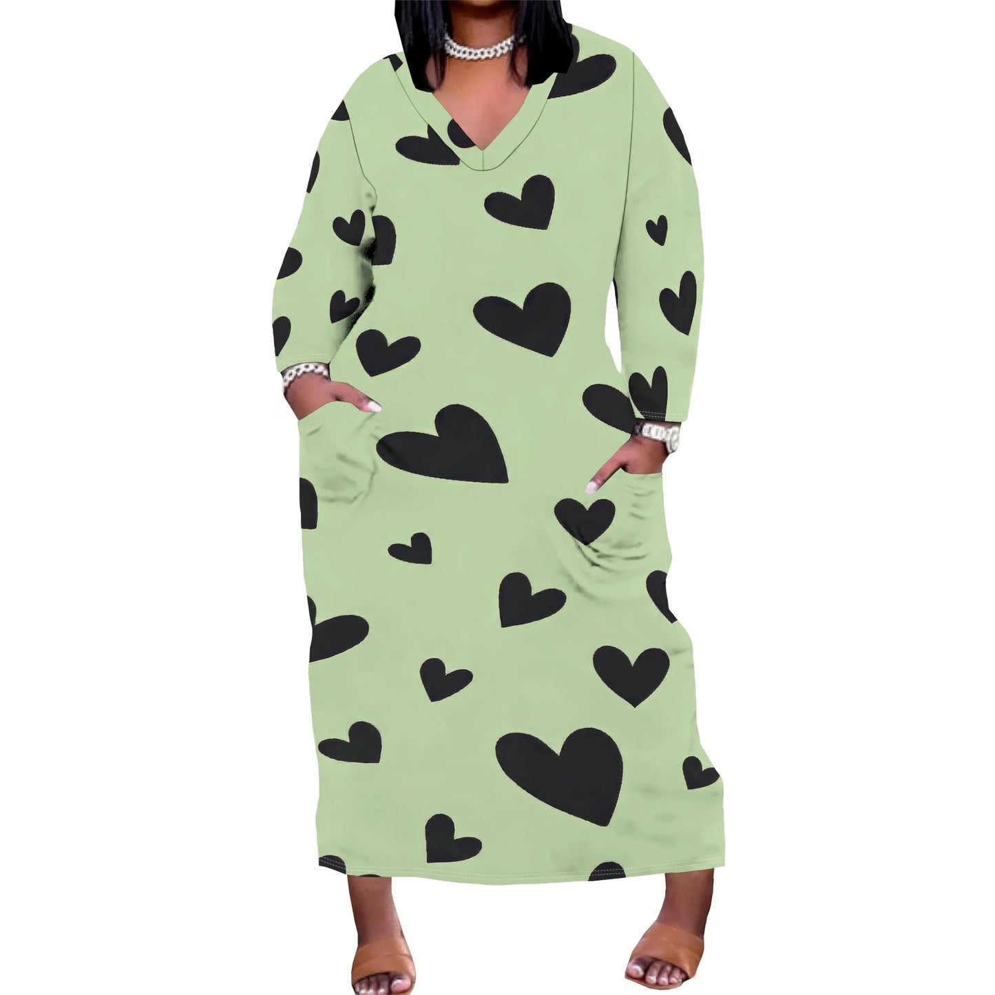 Women's Long Sleeve Plus Size Polka Dot Print Maxi Dress V Neck with Pockets Dress Loose Casual Autumn Outfit