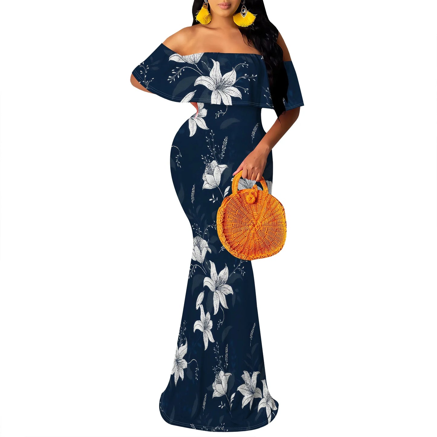 Women's Maxi Bodycon Off The Shoulder Dress Short Ruffle Sleeves Strapless Long Boho Dress Cocktail Party Wedding Dress