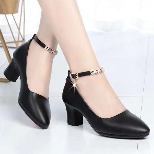 Manufacturer   Women Classic Black Soft Patent Leather High Quality Square Heel Shoes Lady Casual Office Comfort Spring Summer Buckle Heels A04   Pumps