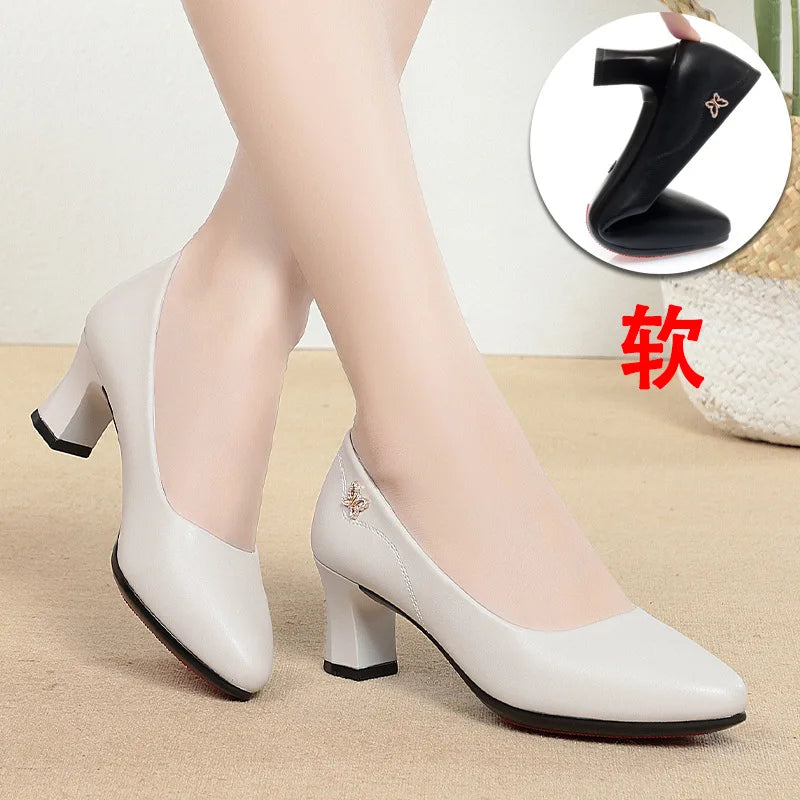 Manufacturer   High Heels Wedding Shoes Women  New Women Shoes Beige Genuine Leather Pointed Toe Professional Fashion Single Shoes Women   Pumps