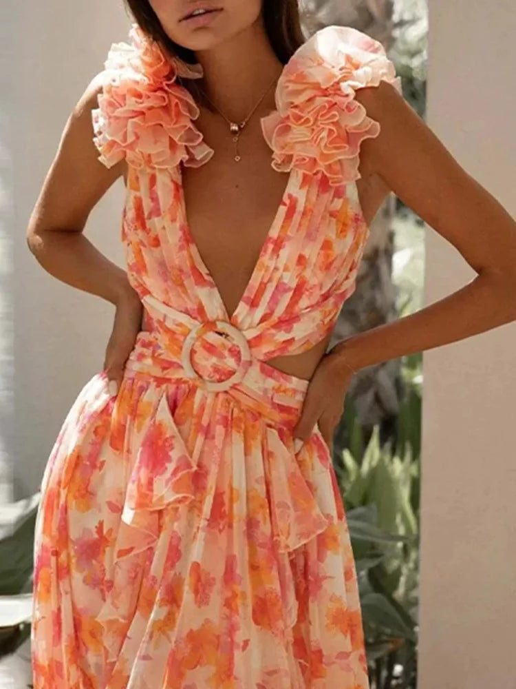 Syiwidii  New Lady Beach Print Ruffles Hollow Out Long Dresses Women Sexy Backless Sleeveless Lace Up High Waist Split Dress