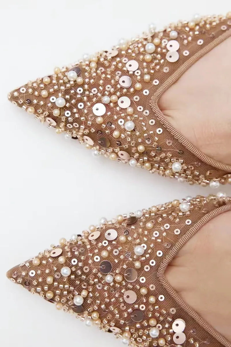 Manufacturer   Luxury Designer Bling String Bead Mesh High Heels Women Sexy Pointy Toe Breathable Heeled Sandals Elegant Slingbacks Women Pumps   Pumps