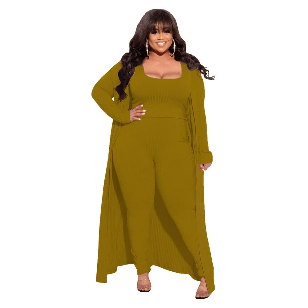 3 Piece Women Outfits Sets Sexy Square Collar Tops+long Coat Tight Pants Solid Color Fashion Plus Size Clothing Wholesale  suits
