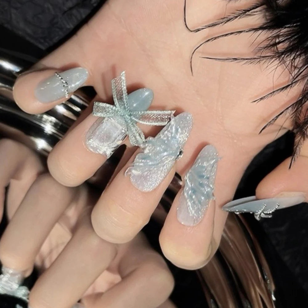 5set Fake Nails Art almond ballet detachable shining butterfly wearing press on nails handmade false nails Bulk Wholesale/Custom