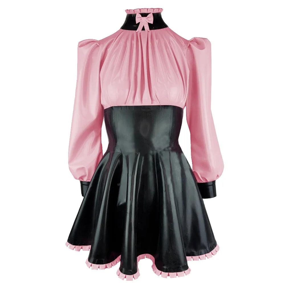 Plus Size High Neck Bow Patchwork Black Faux Latex Mini Dress Women Long Sleeves Slim Fit Ruffled A-line Dress Cocktail Gown