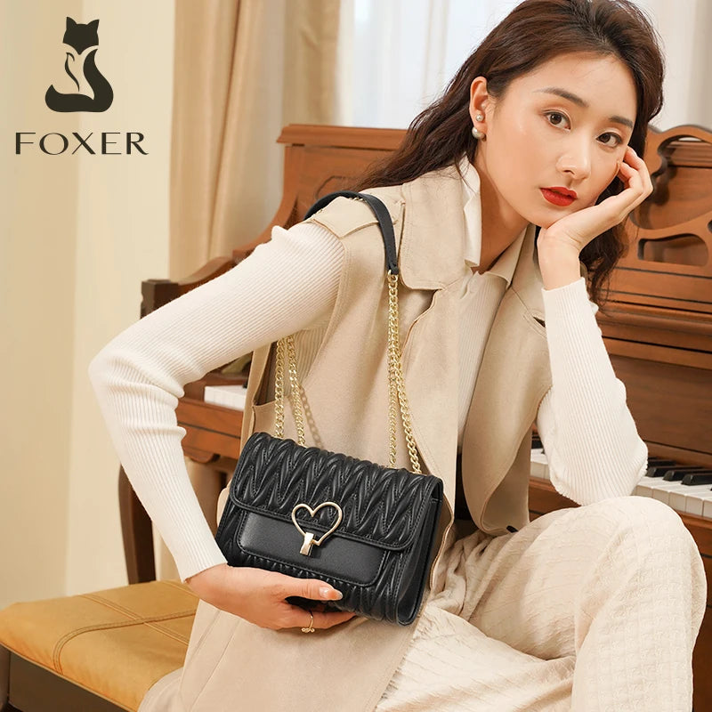 FOXER Cowhide Shoulder Bag High Quality Women Small Off White Underarm Bag Design Chain Flap Bag Stylish Lady Love Crossbody Bag