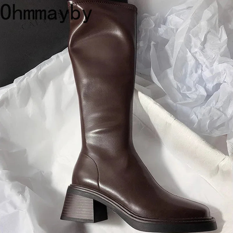 Manufacturer   Vintage Thick Heel Women Knee High Boots Fashion Side Zippers Shoes Autumn Winter Ladies Concise Long Botas De Mujer   boots
