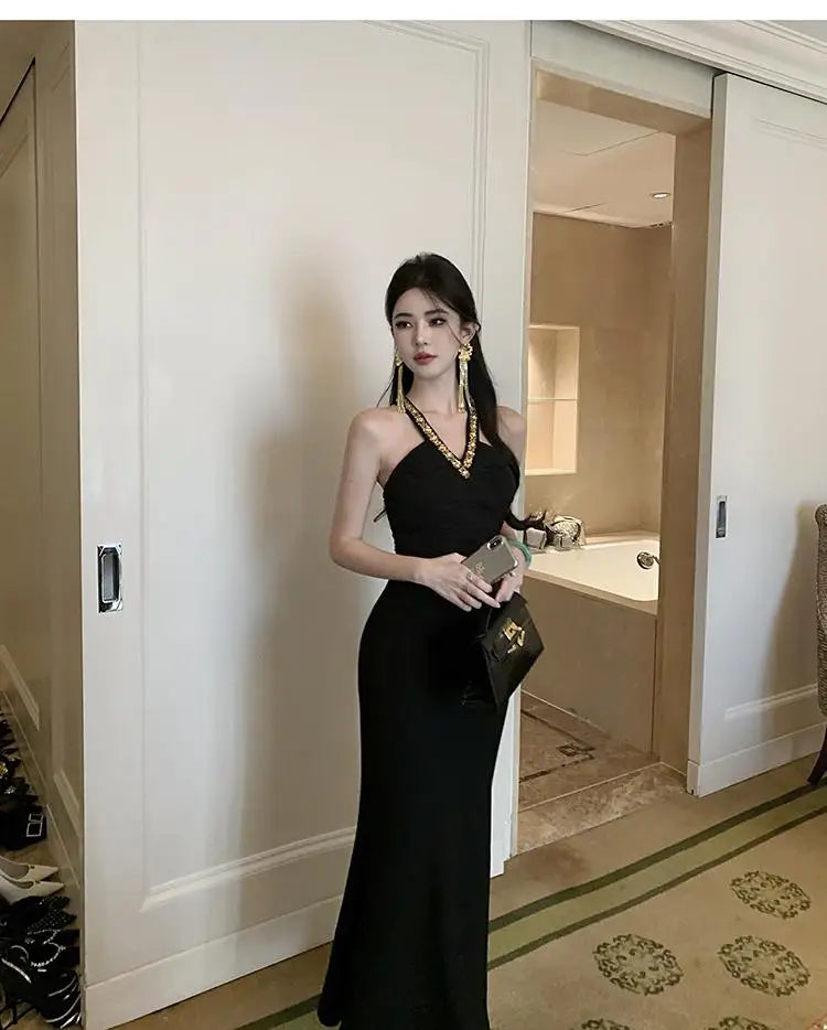 Vintage Women's Black V-neck Sequin Off Shoulder Sleeveless Backless Halter Dress Summer Sexy Club Party Elegant Long Dres Trend