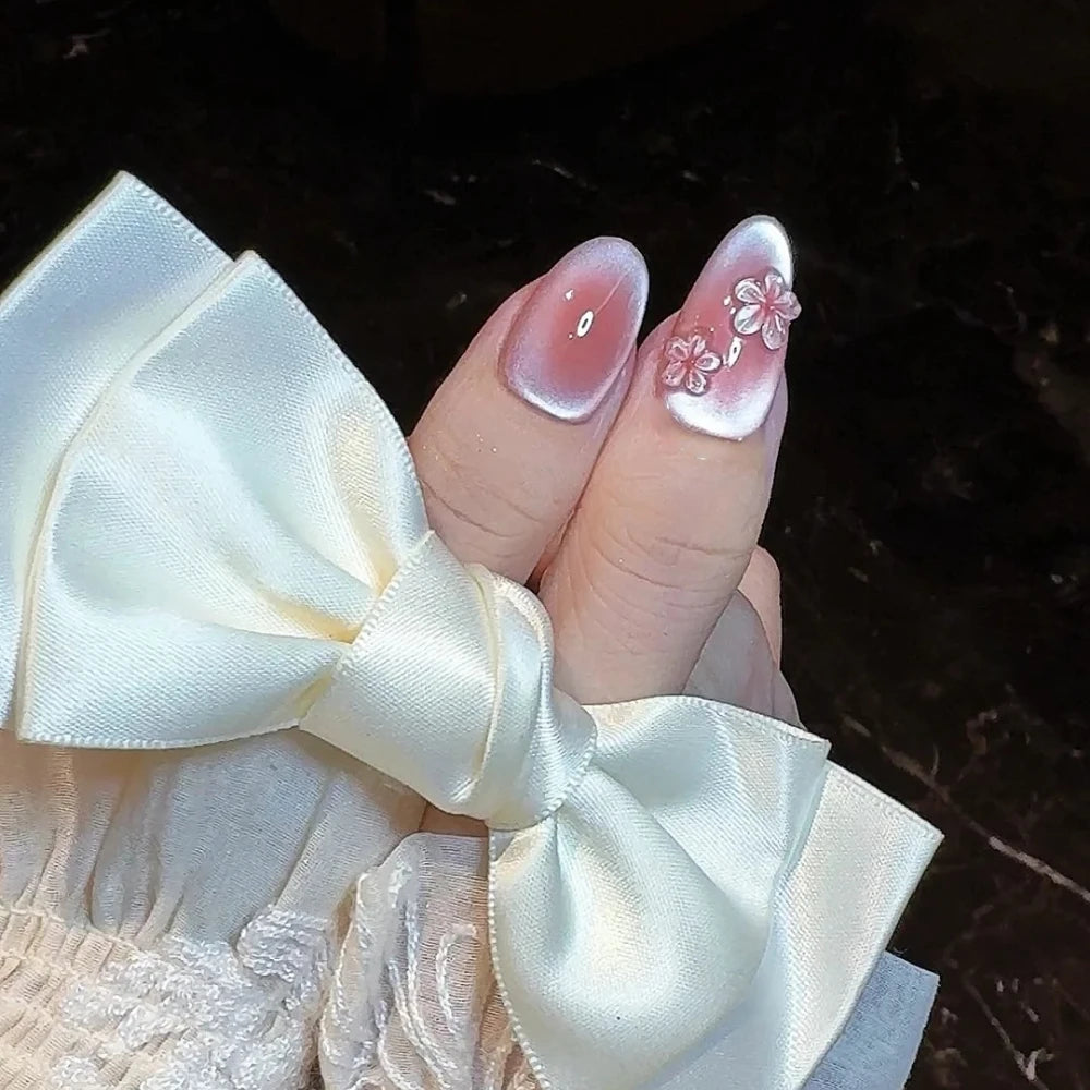 10Pcs Handmade Manicure Short Almond Fake Nails Cute 3D Cat Eye Limited Nails Press On Nails Design with Adhesive Nail File Set