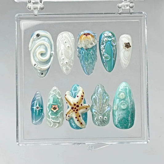 10Pcs Handmade Manicure Medium Almond Fake Nails New 3D Starfish Limited Nails Press On Nails Design with Adhesive Nail File Set