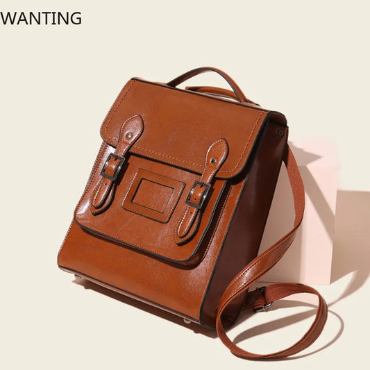 Genuine Leather Women's Backpack Vintage Cowhide Preppy Style Girls School Bag Large Capacity Women Shoulder Bag