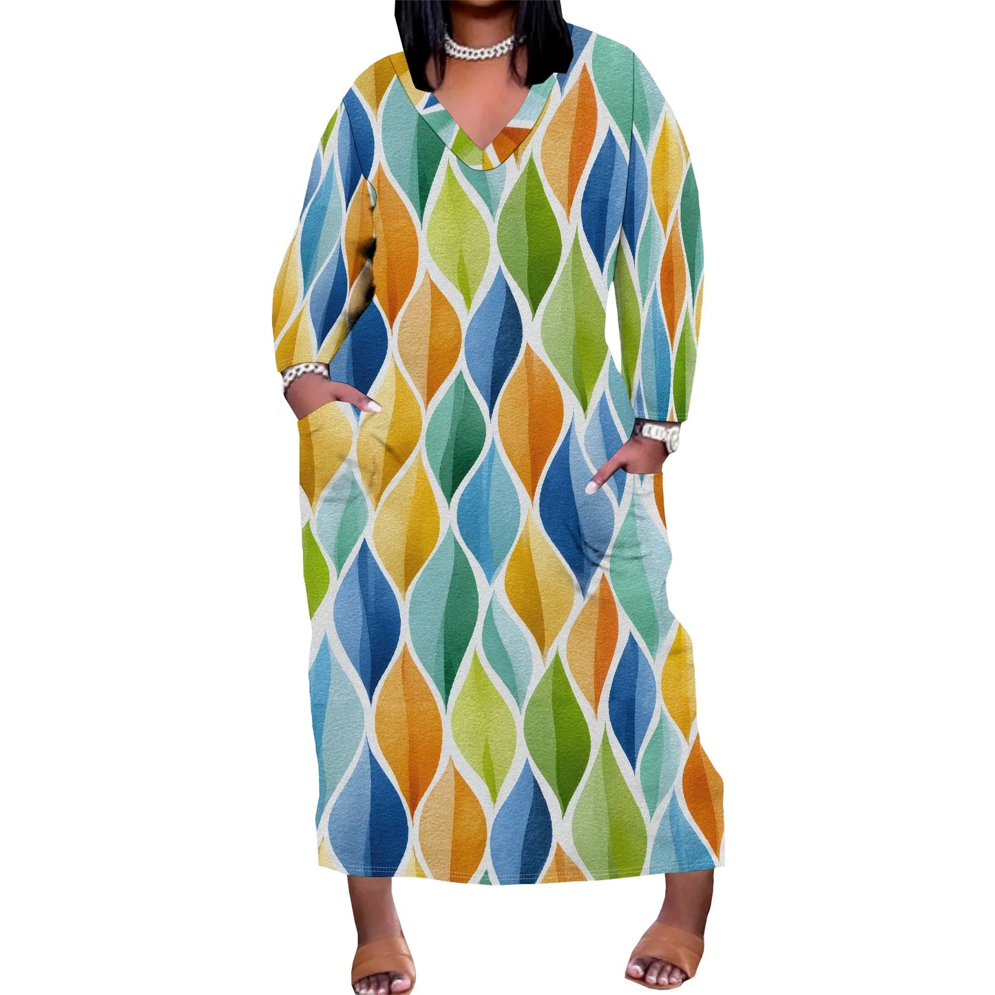 Oversized Baggy Summer Womens Print Dresses Sexy Casual T-Shirt V Neck Long Sleeve Maxi Dress with Pocket
