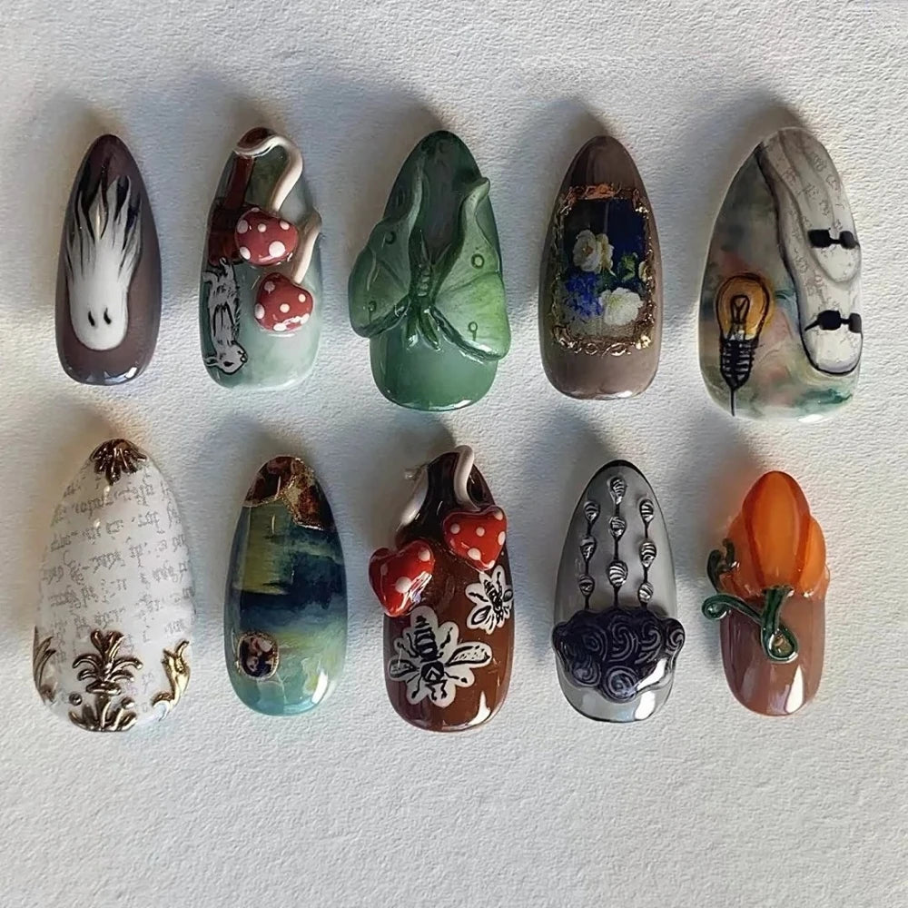 Handmade Press On Nails Halloween Carnival Horror Theme 3D Medium Almond Fake Nails Cute Ghost Design Art DIY Nails with Set