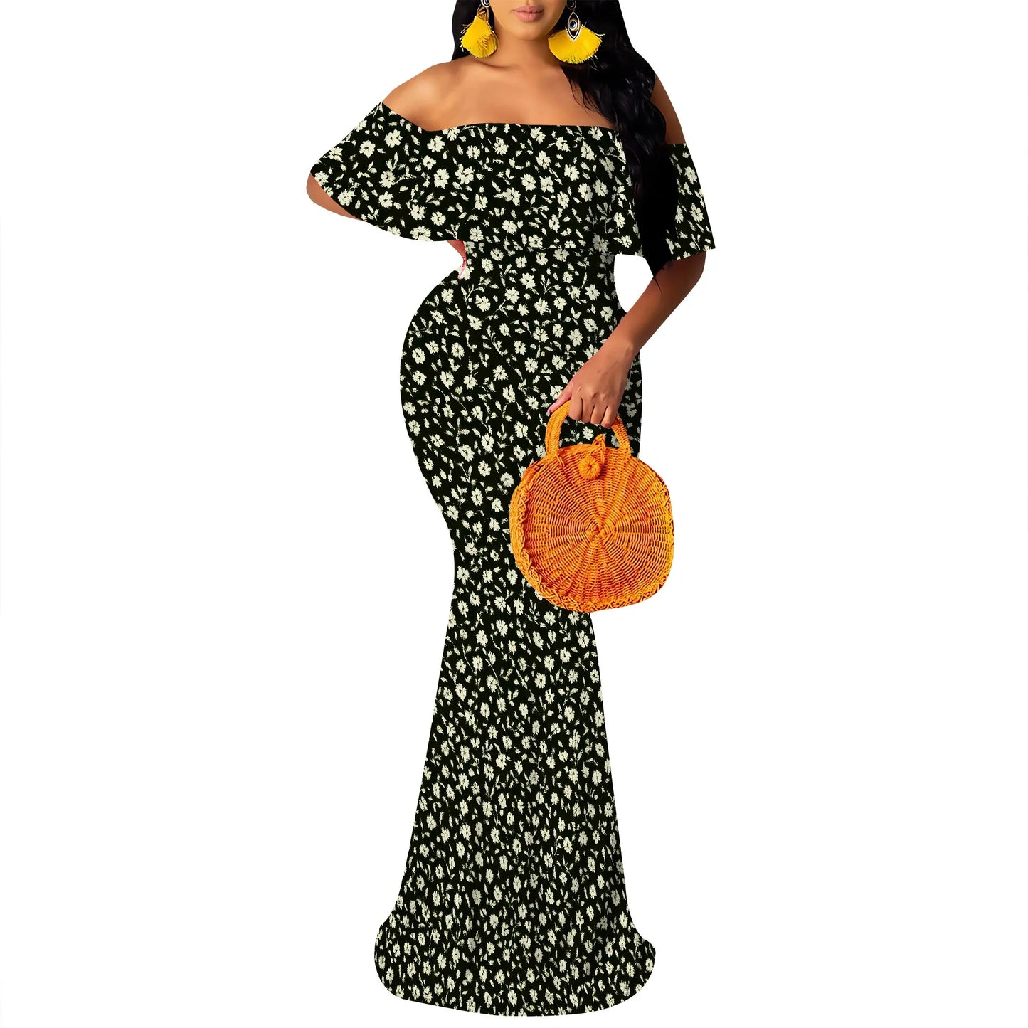 Women's Maxi Bodycon Off The Shoulder Dress Short Ruffle Sleeves Strapless Long Boho Dress Cocktail Party Wedding Dress