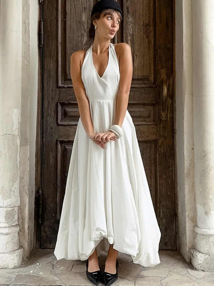 TARUXY White Sexy Sleeveless Halter Dress For Women  Autumn New A-Line Long Dress Lady Elegant Bodycon Evening Party Dresses