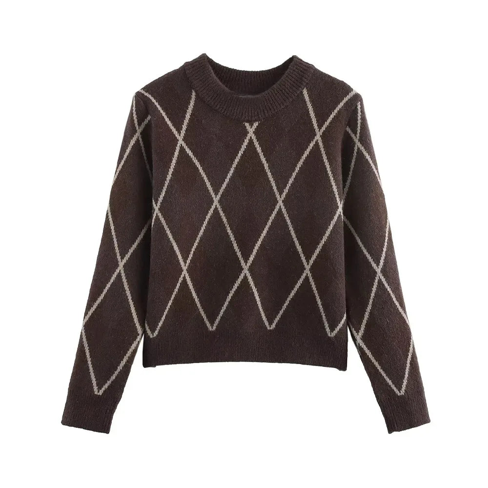 Spring Diamond stripe design lapel Pocket design Casual Chic Cashmere Sweater Winter Comfort knitwear Female Long Sleeve