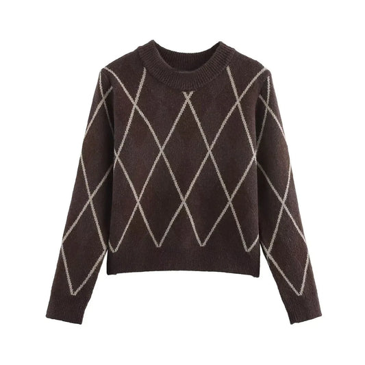 Spring Diamond stripe design lapel Pocket design Casual Chic Cashmere Sweater Winter Comfort knitwear Female Long Sleeve