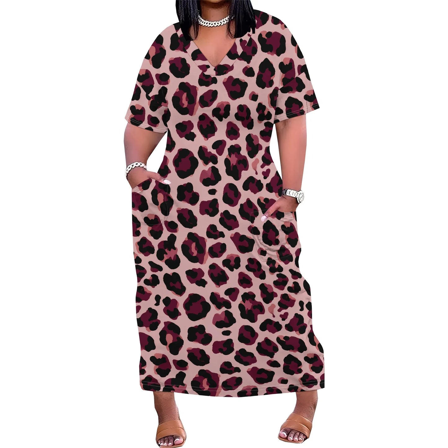 Women's Plus Size African Print Dresses Casual Loose Pocket Short Sleeve Long Maxi Dress