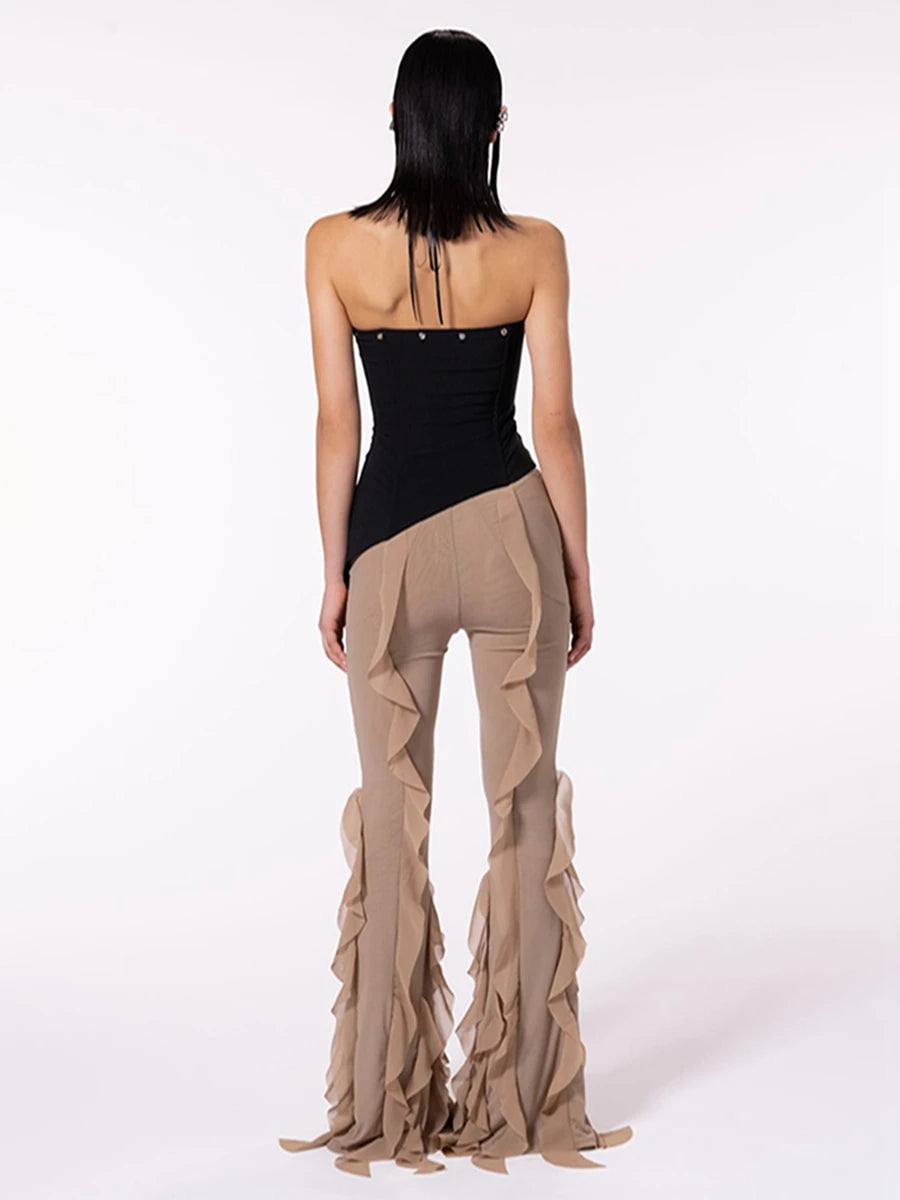 Women's Ruffled Flare Long Pants Solid Color Low Rise Stretch Bell-Bottom Trousers Streetwear   pant