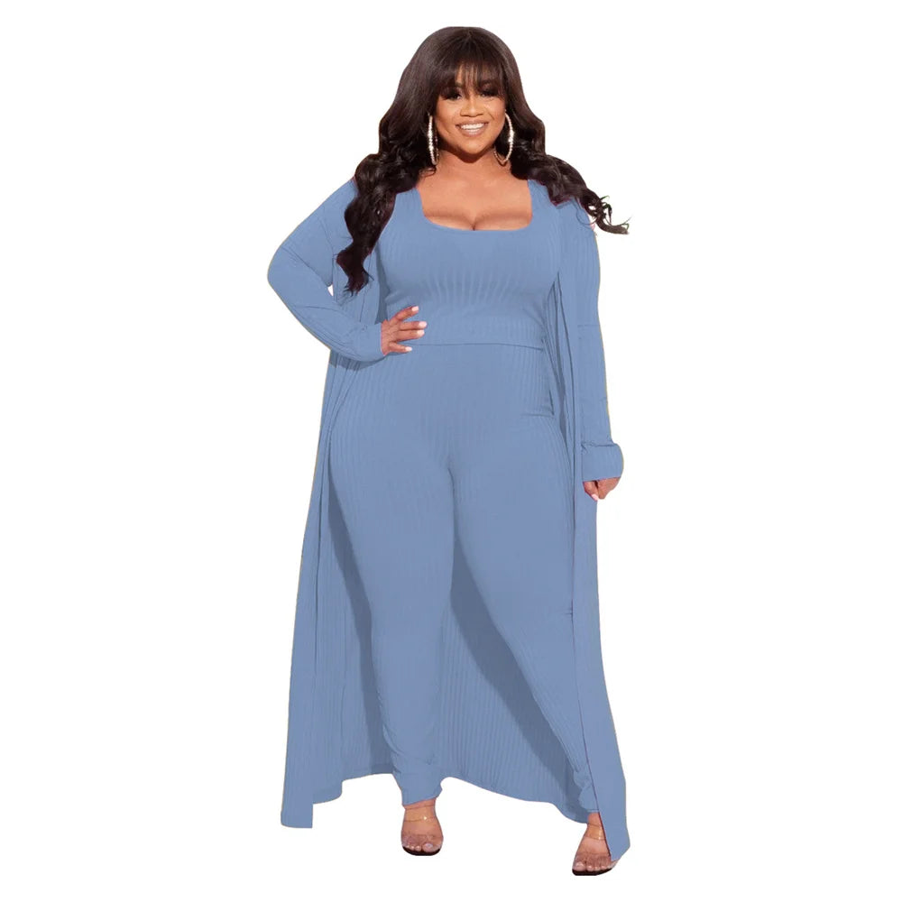 3 Piece Women Outfits Sets Sexy Square Collar Tops+long Coat Tight Pants Solid Color Fashion Plus Size Clothing Wholesale  suits