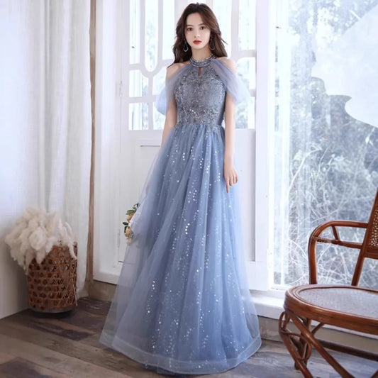 Evening Gown for Women New Style Elegant Temperament Socialite Long Style Host French Banquet Blue Long Style Dress