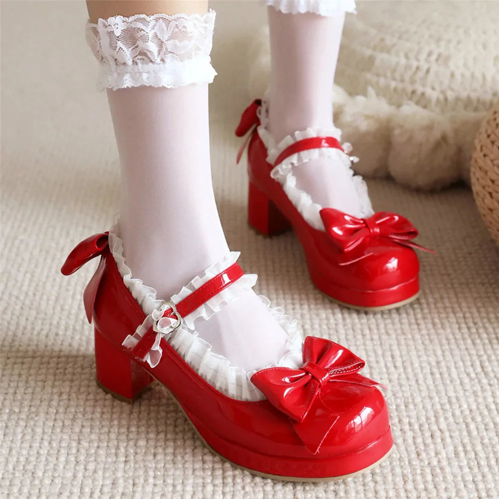 Manufacturer   Woman Med Heel Lolita Shoes Patent Leather Cute Bow Mary Jane Pumps Bride Wedding Cosplay Party Red Pink Black Green Size 31-43   Pumps
