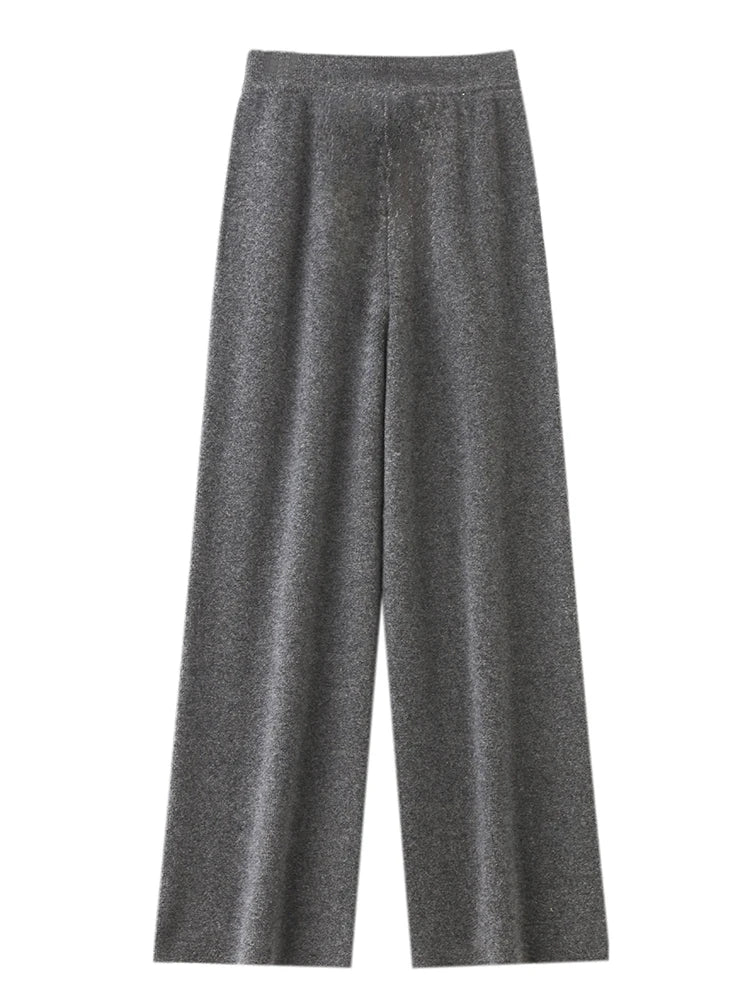 Women 100% Merino Wool Knitted Wide Leg Pant Autumn Winter Basic Soft Warm Cashmere Knit Trousers Casual Simple Fashion Style