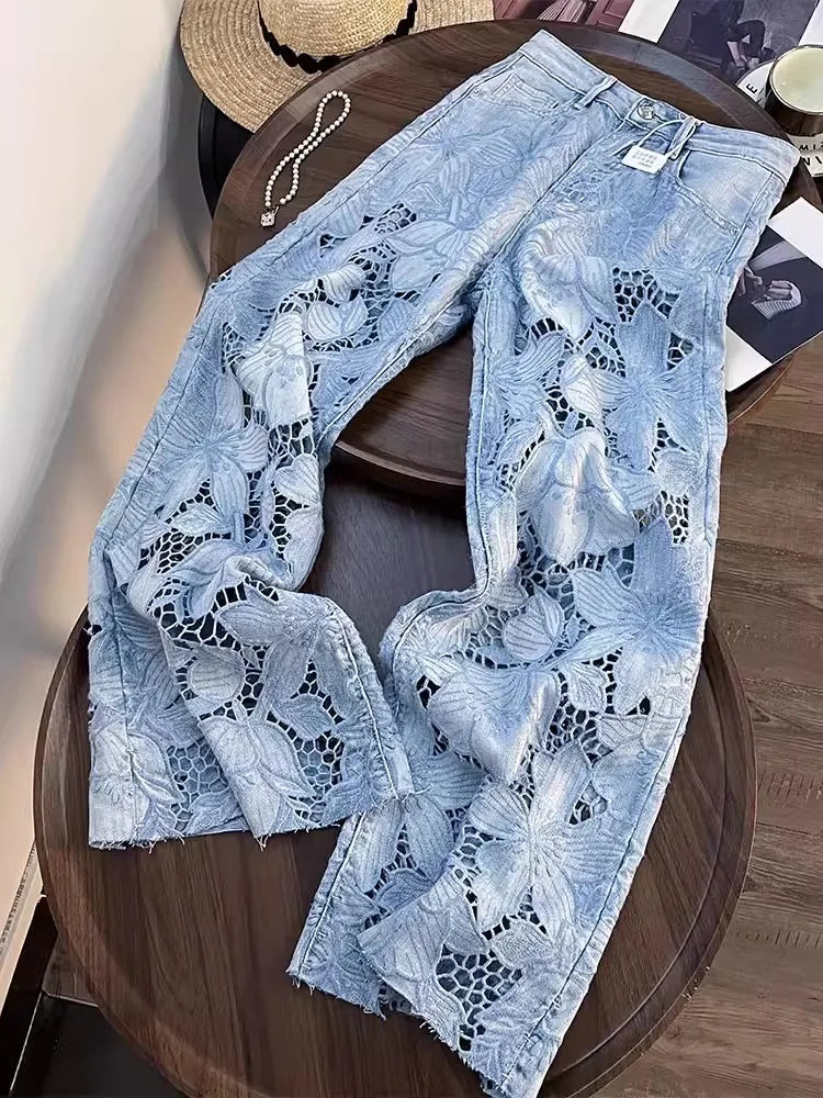 Summer Women Lace Floral Embroidery Wide Leg Denim Pant Spliced Loose Fit High Waist Hollow Out Jeans Streetwear Long Trousers