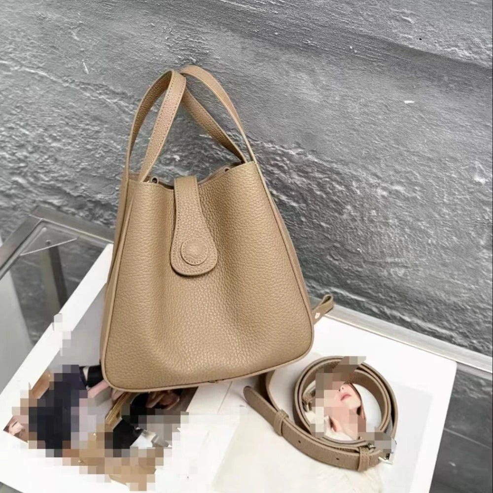 Japanese and Korean Style All-match Coffee Small Daily-use Bucket Tote Genuine Cow Leather Women Handbag Female Crossbody Bag