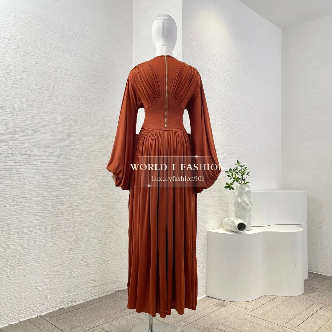New Fashion Red Long Sleeve O Neck Pleat Midi Dress