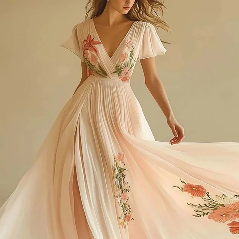 Woman Sexy V Neck Short Sleeve Long Robe New Summer Elegant Printed Pattern Folds Party Dresses Retro High Waist Boho Dress