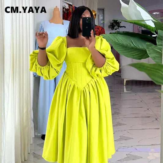 CM.YAYA Women Long lantern Sleeve Square Collar Big Swing Long Maxi Dress  Fall Birthday Sexy Party Evening Dresses Vestidos