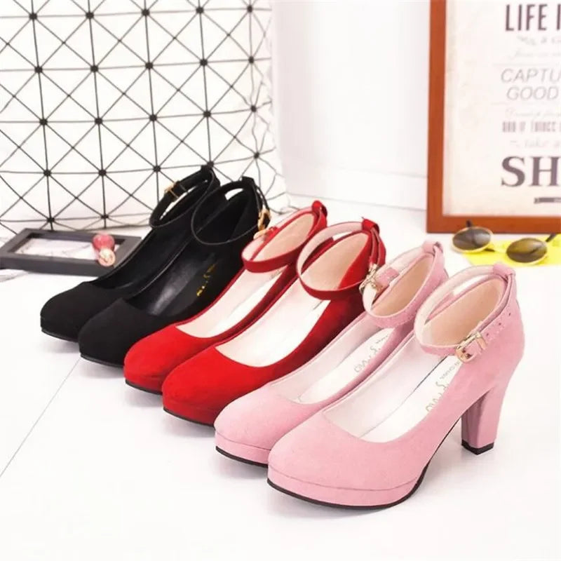Manufacturer   Spring Women Pumps Flock Sweet Thick High Heels Ankle Strap Female Platform Classic Round Toe Dress Cute Shoes Ladies Footwear   Pumps