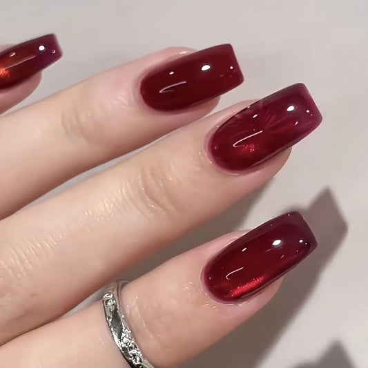 10pcs Glossy Red Gradient Fake Nails Set Press On Nails Tips Solid Color  Removable Artificial Nails Decoration Nail Art Set